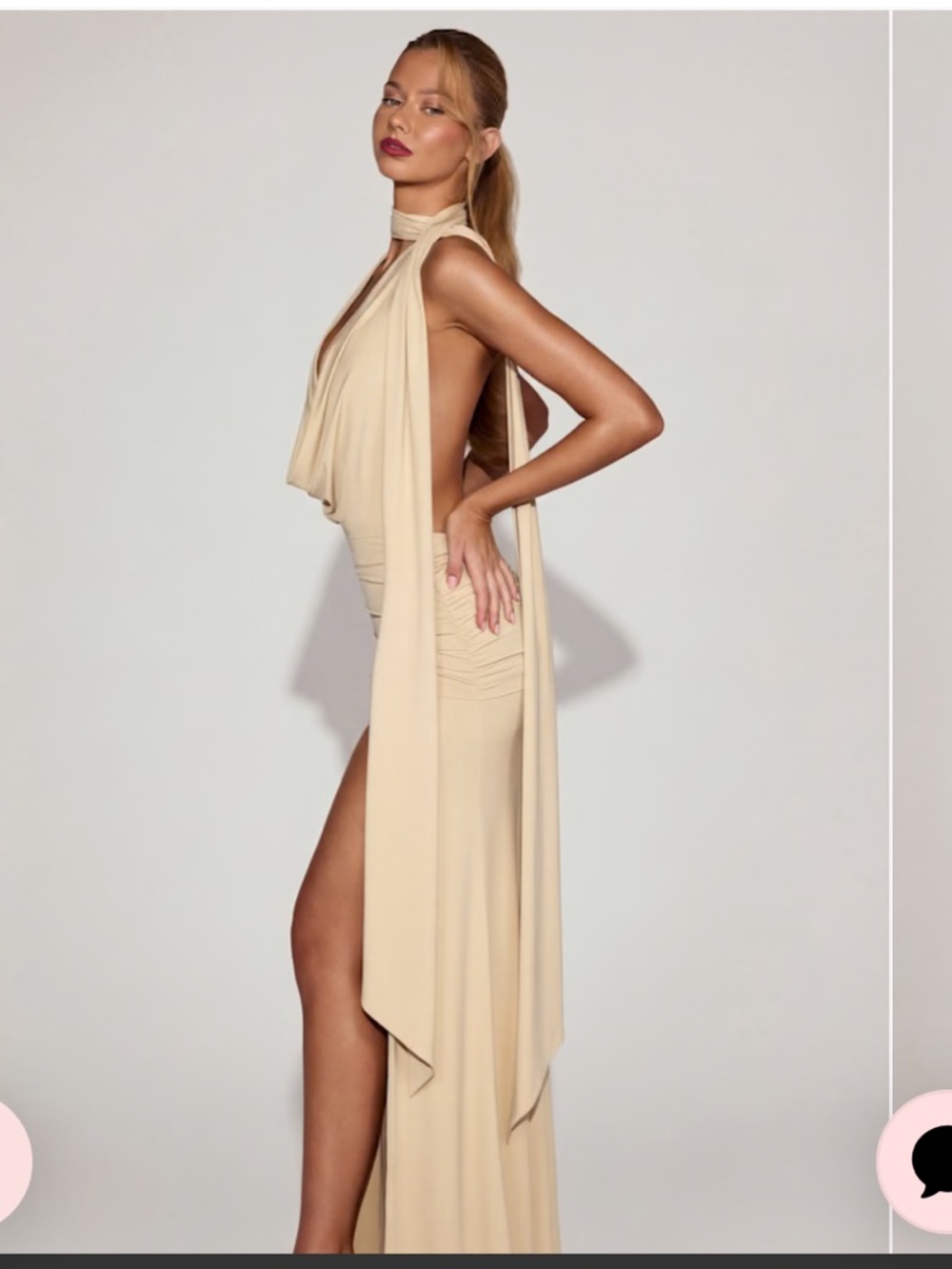 Oh Polly Navina Soft Jersey Plunge Halterneck Maxi Dress Champagne Cream XS NWT - Picture 4 of 13